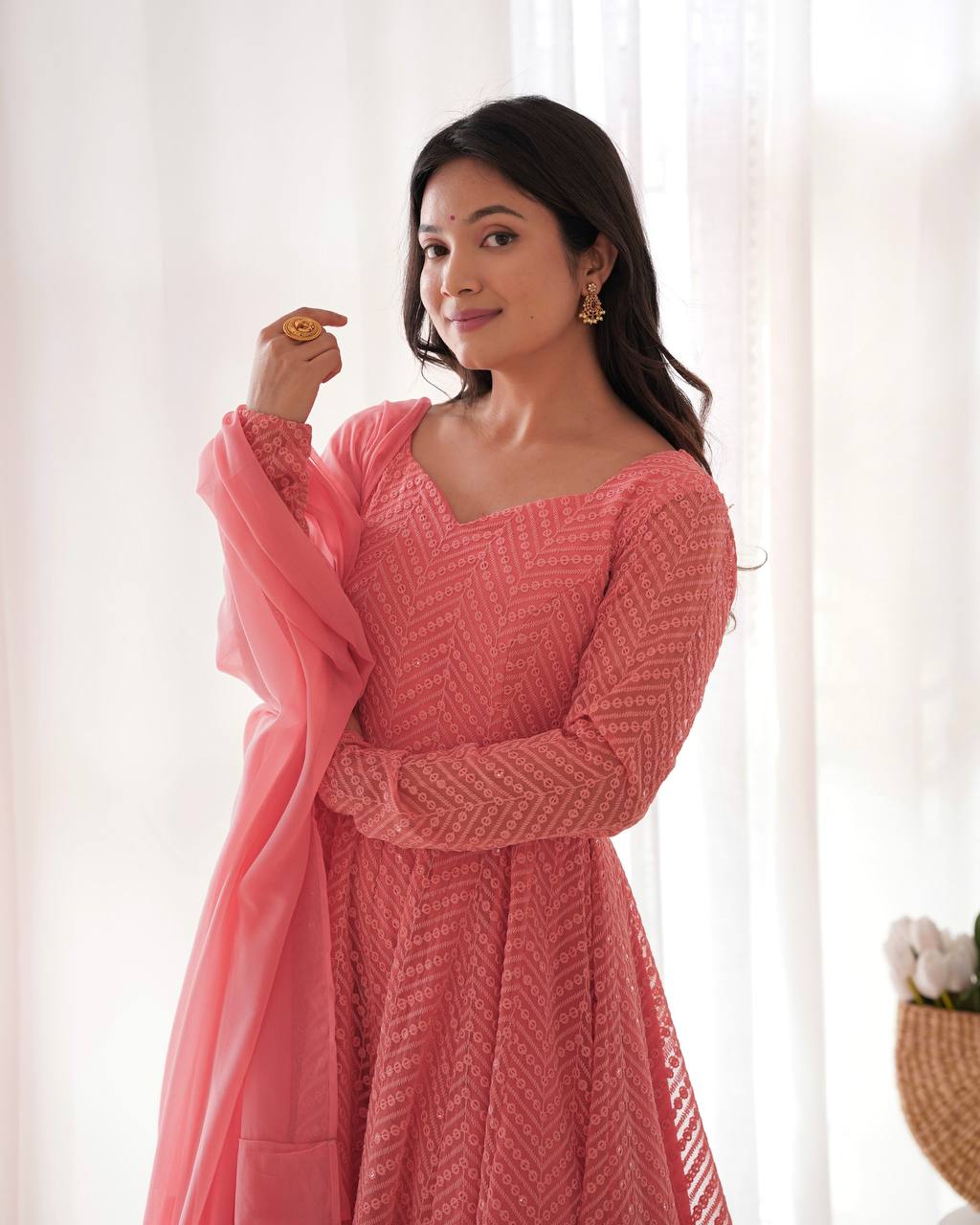 Elegant Peach Anarkali Suit with Embroidered Details and Ruffle Dupatta