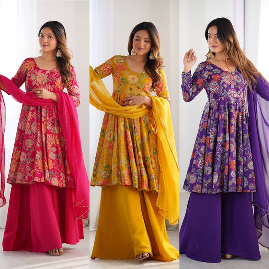 Floral Printed Anarkali Suit with Palazzo Pants