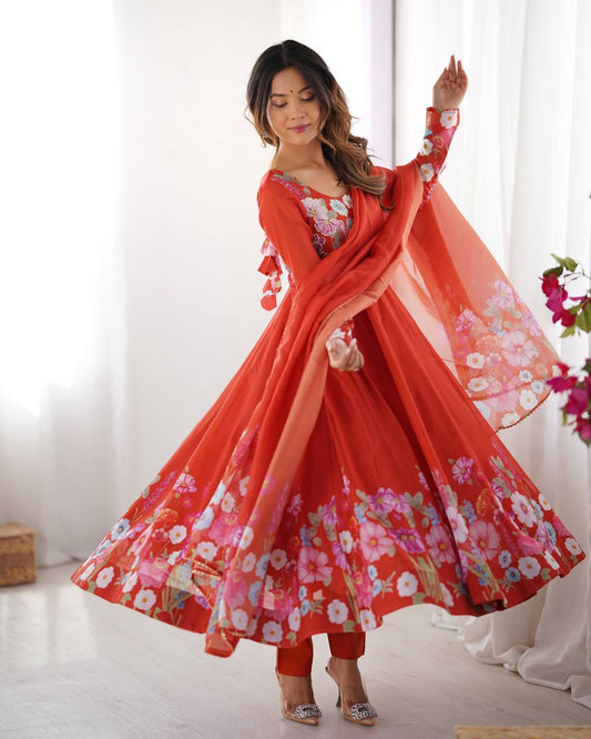 Fiery Red Floral Anarkali with Dupatta and Cigarette Pants