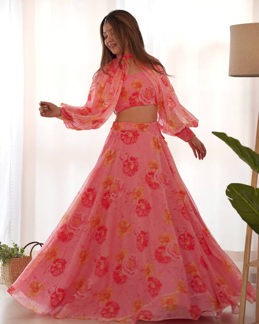 Rosy Pink Floral Lehenga Set with Puff Sleeve Blouse