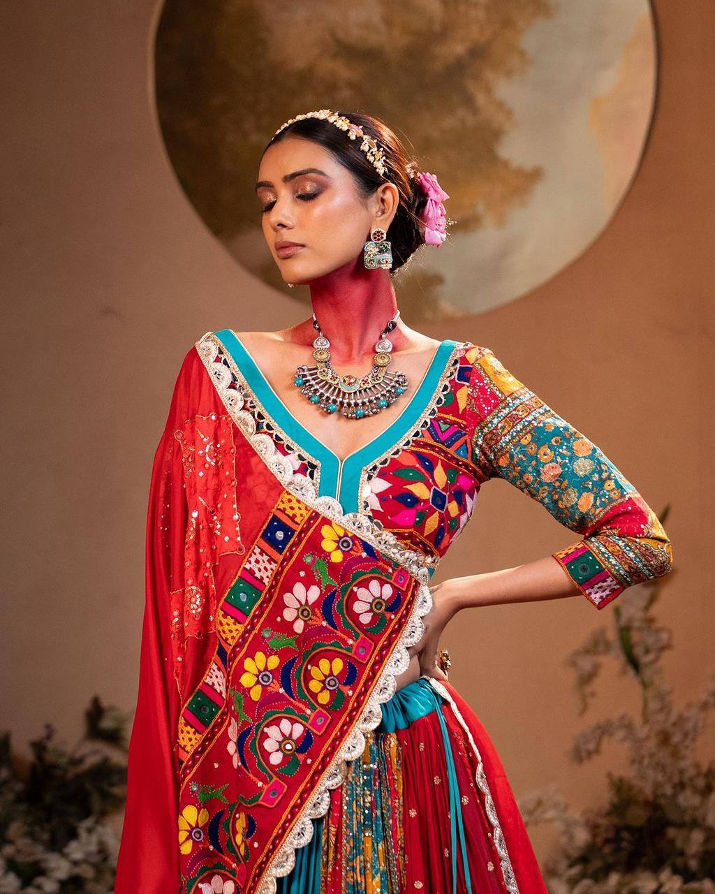Multicolor Traditional Lehenga with Mirror and Printed Details