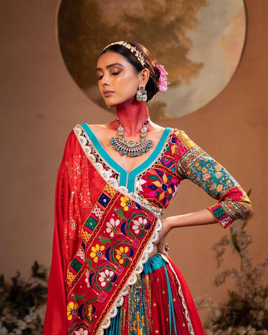 Multicolor Traditional Lehenga with Mirror and Printed Details