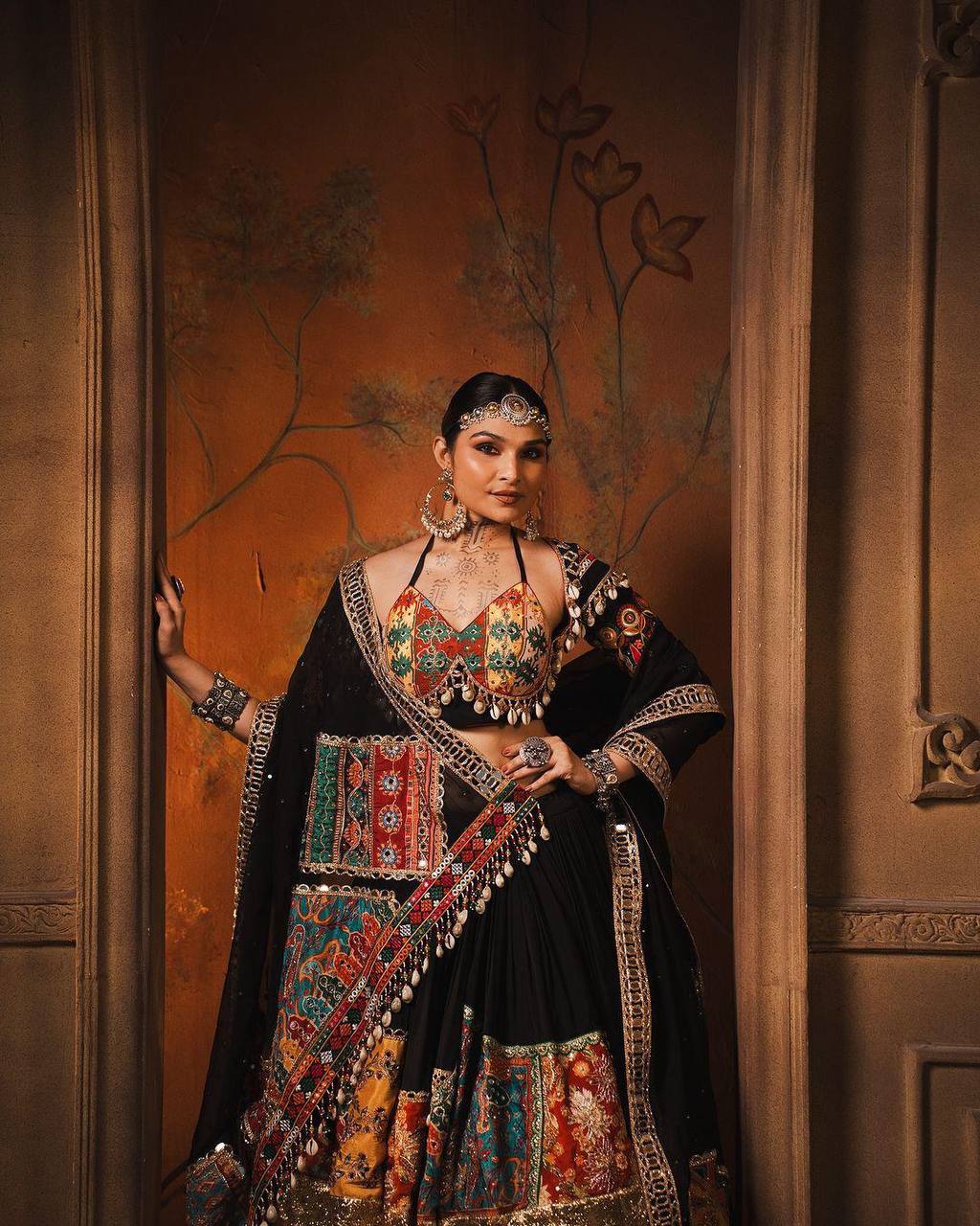Vibrant Black Lehenga Set with Multicolor Patchwork and Embroidery