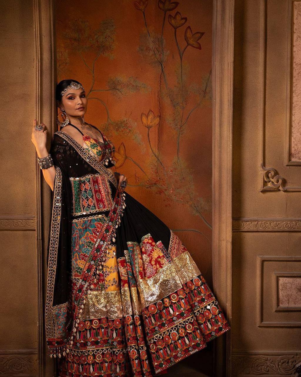 Vibrant Black Lehenga Set with Multicolor Patchwork and Embroidery