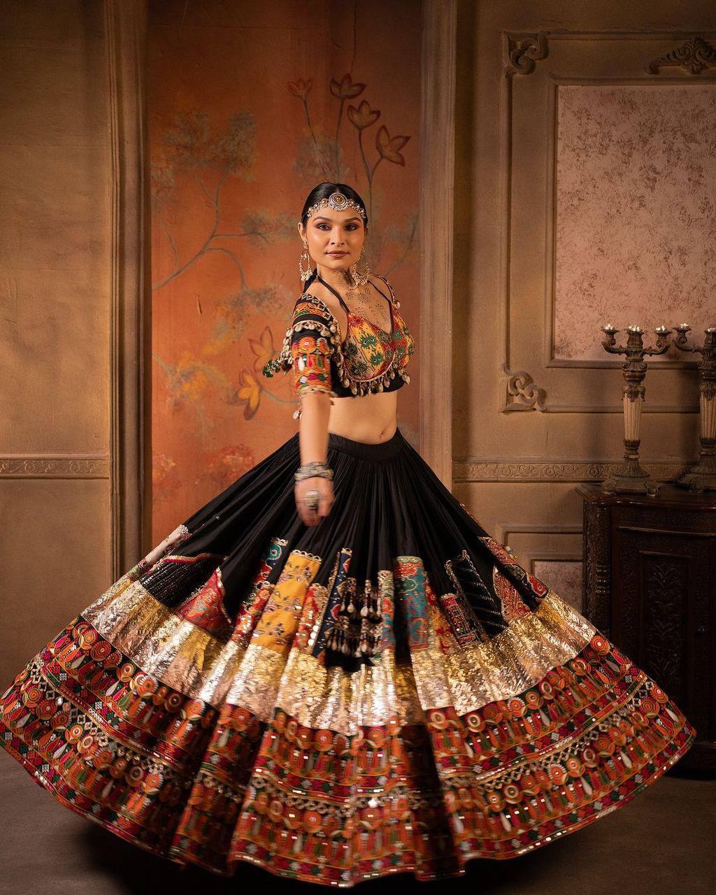 Vibrant Black Lehenga Set with Multicolor Patchwork and Embroidery