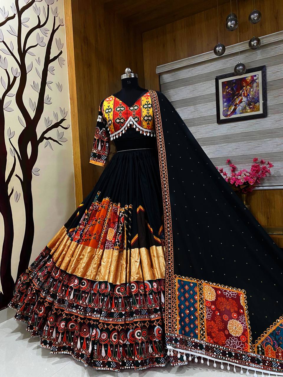 Vibrant Black Lehenga Set with Multicolor Patchwork and Embroidery