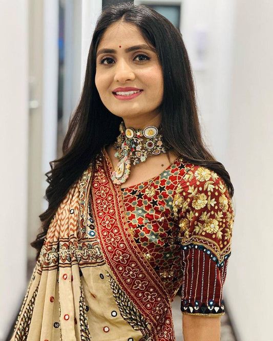 Elegant Beige and Maroon Lehenga Set with Tribal Print