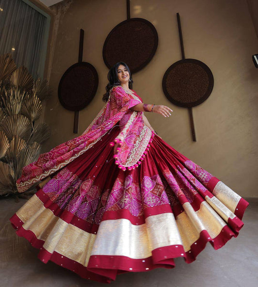 Elegant Maroon and Pink Bandhani Lehenga with Mirror Work