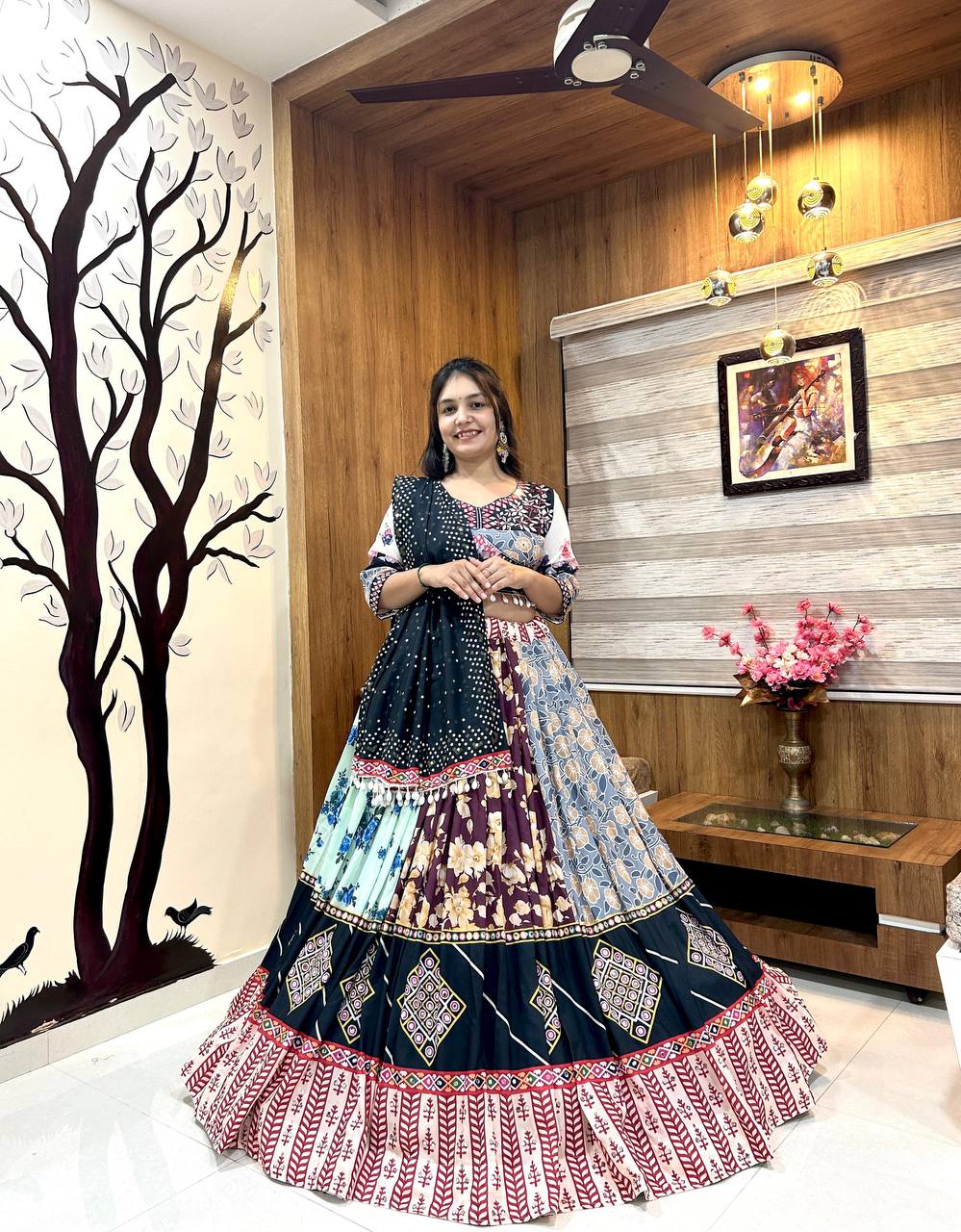 Floral Multicolor Lehenga with Black Bandhani Dupatta and Mirror Work