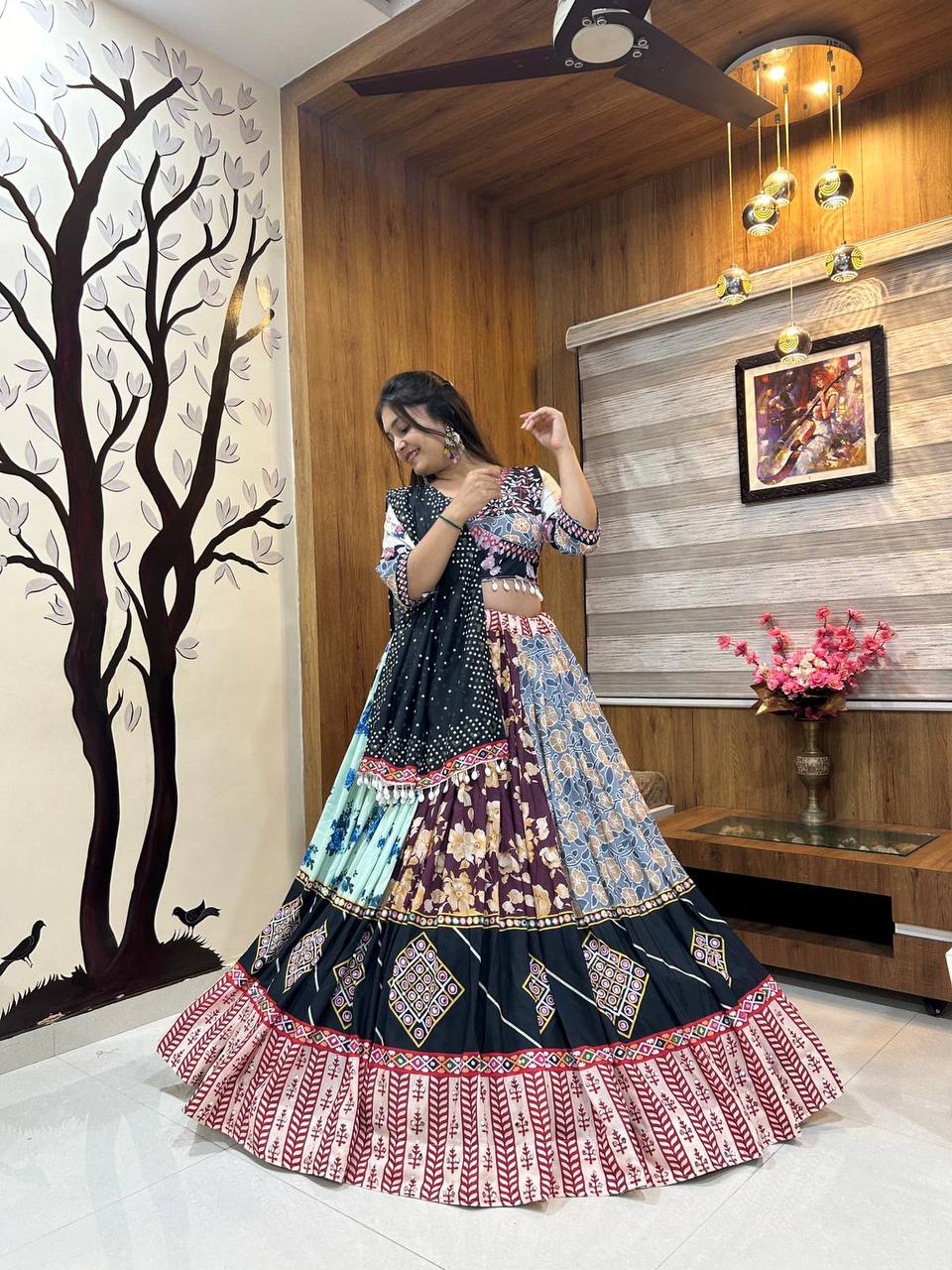Floral Multicolor Lehenga with Black Bandhani Dupatta and Mirror Work