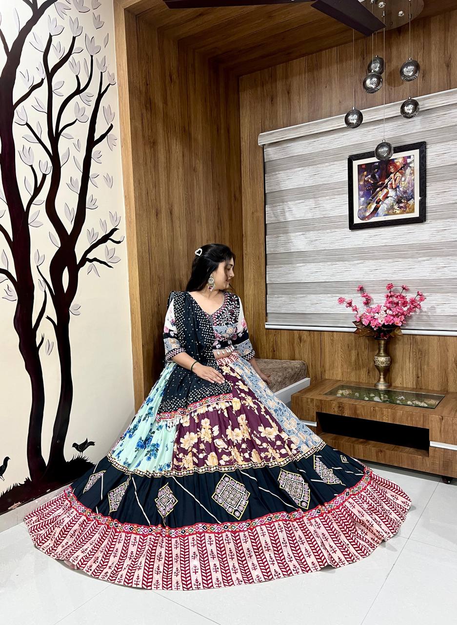 Floral Multicolor Lehenga with Black Bandhani Dupatta and Mirror Work