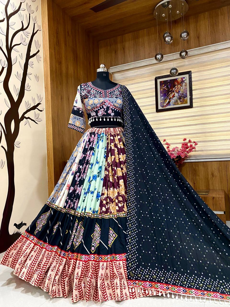 Floral Multicolor Lehenga with Black Bandhani Dupatta and Mirror Work