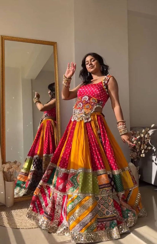 Vibrant Orange Red Bandhani Lehenga Choli with Patchwork Dupatta