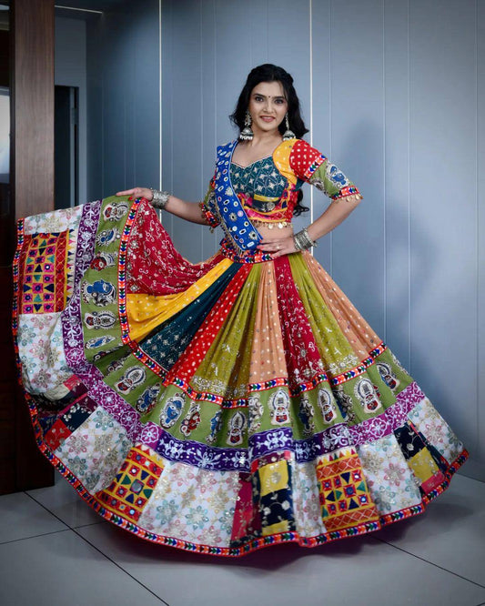Multicolor Navratri Lehenga Choli with Royal Blue Bandhani Dupatta