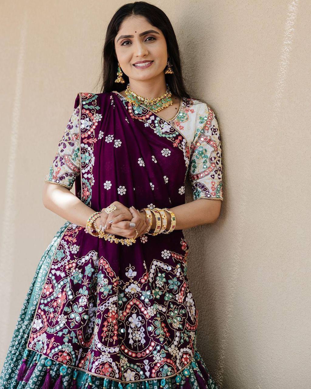 Traditional Multicolor Mirror Work Lehenga with Bandhani Dupatta and Blouse