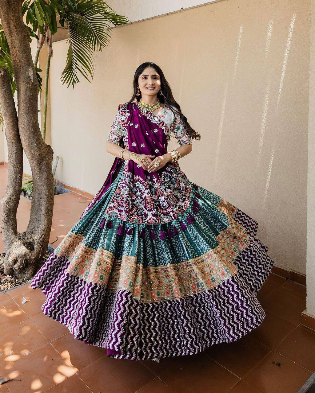 Traditional Multicolor Mirror Work Lehenga with Bandhani Dupatta and Blouse