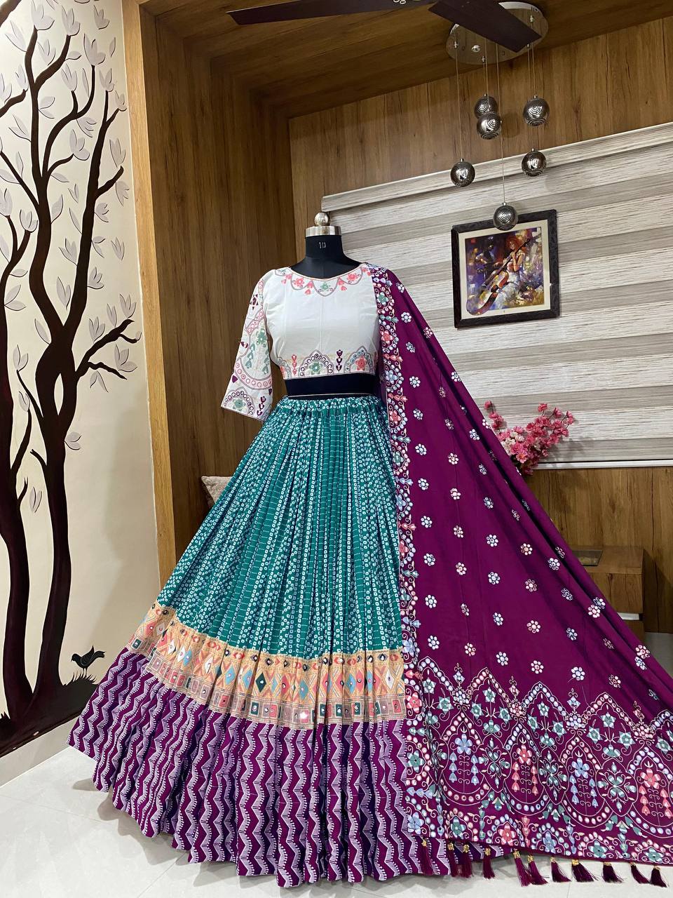 Traditional Multicolor Mirror Work Lehenga with Bandhani Dupatta and Blouse