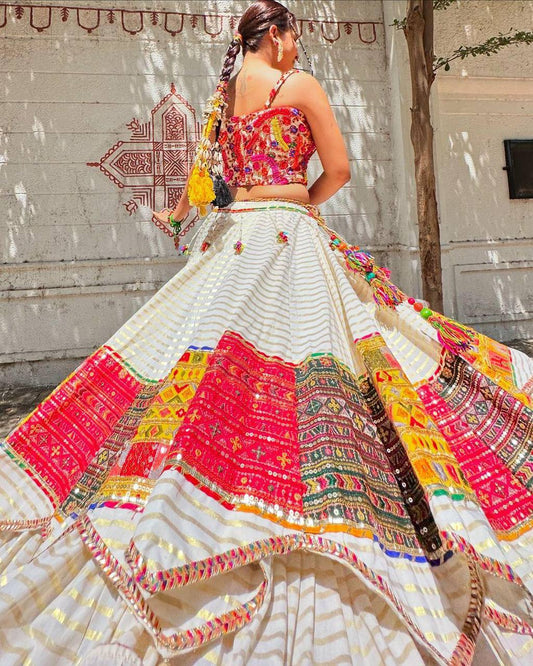 White Mirror Embroidered Lehenga with Vibrant Patchwork Choli Design