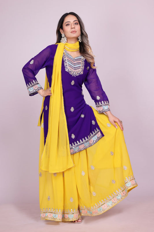 Vibrant Purple and Yellow Embroidered Sharara Set with Dupatta