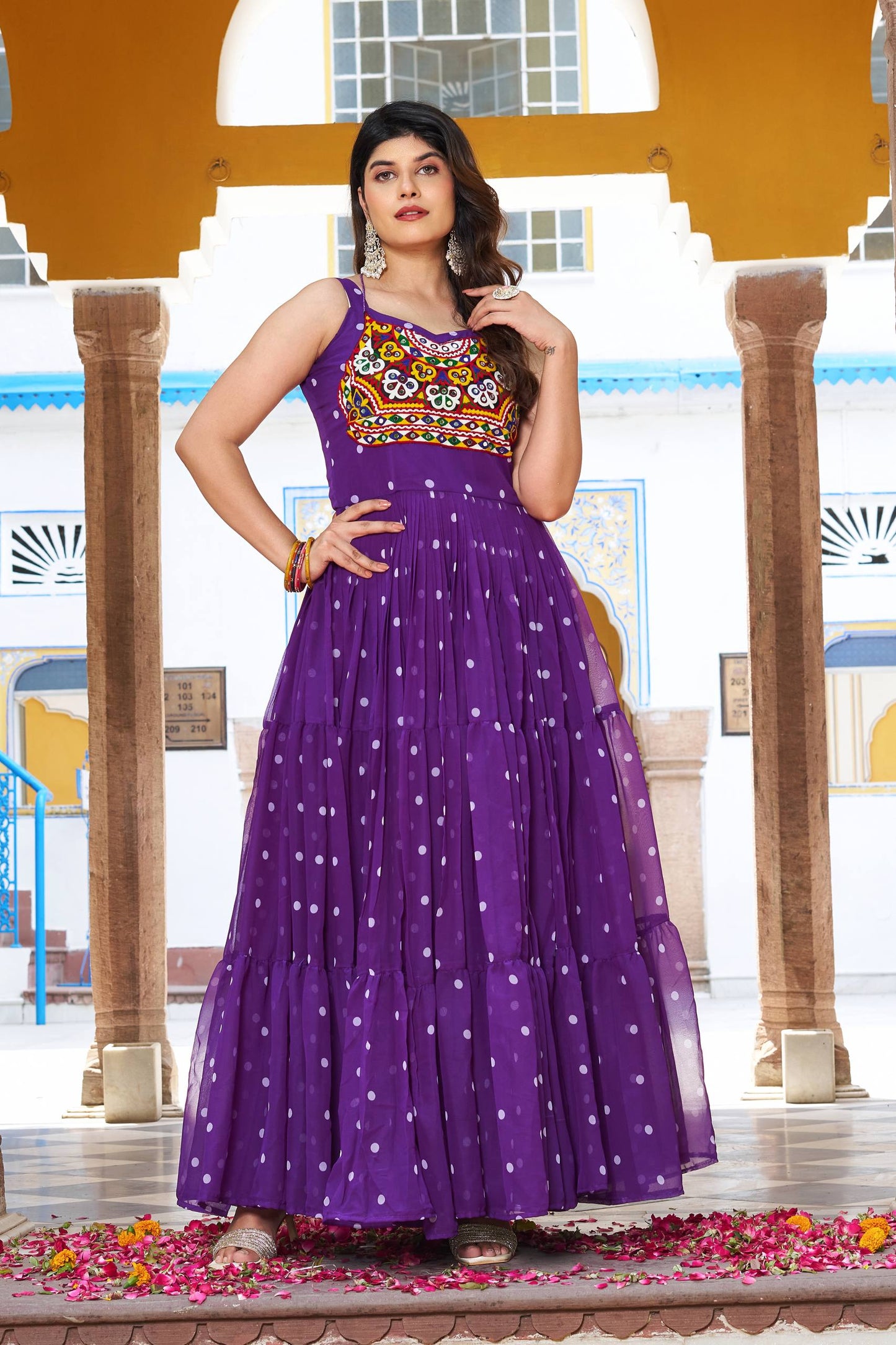 Polka Dot Flared Dress With Embroidered Kutchi Yoke.