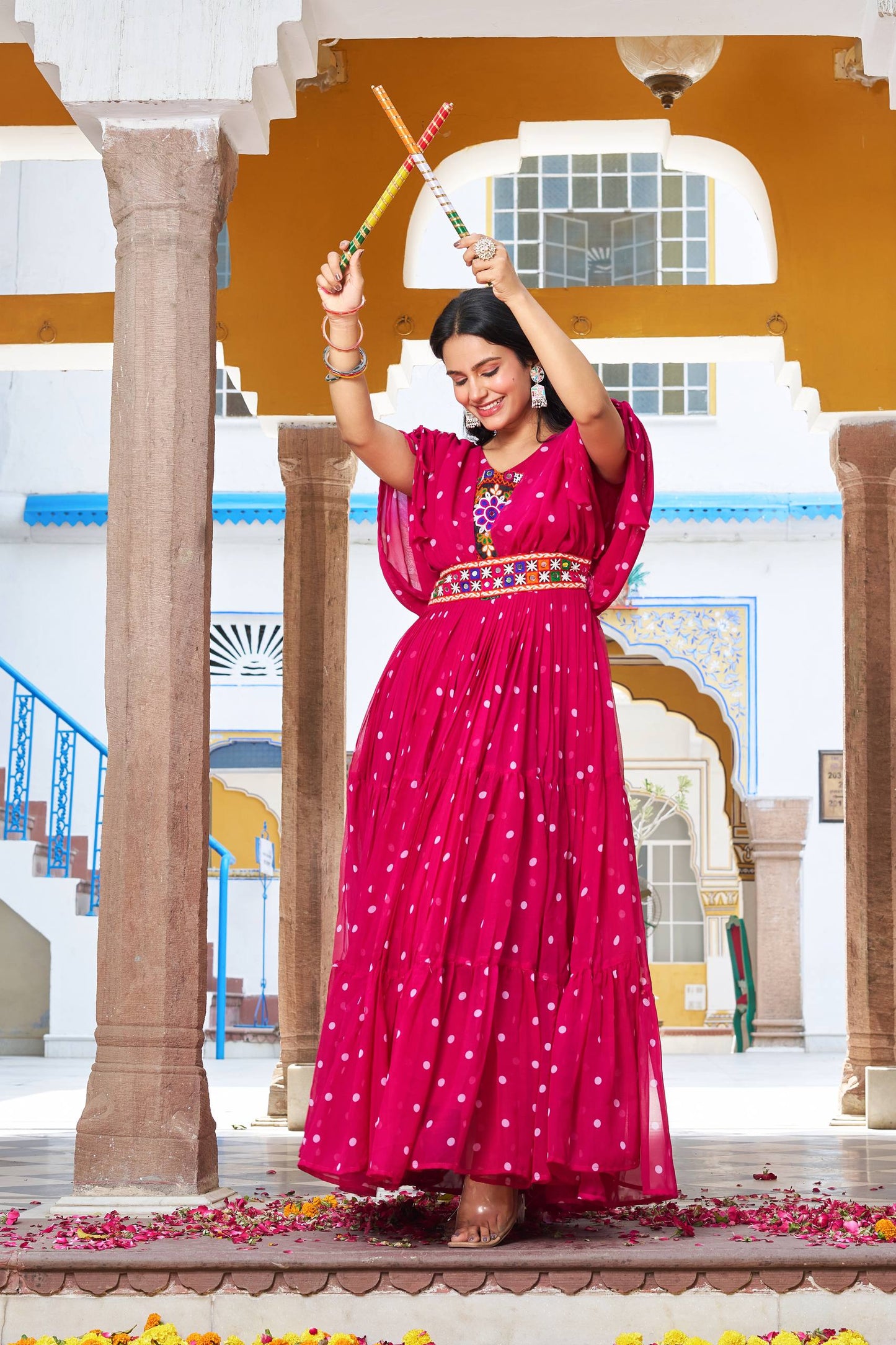 Polka Dot Flared Dress With Embroidered Kutchi Yoke.