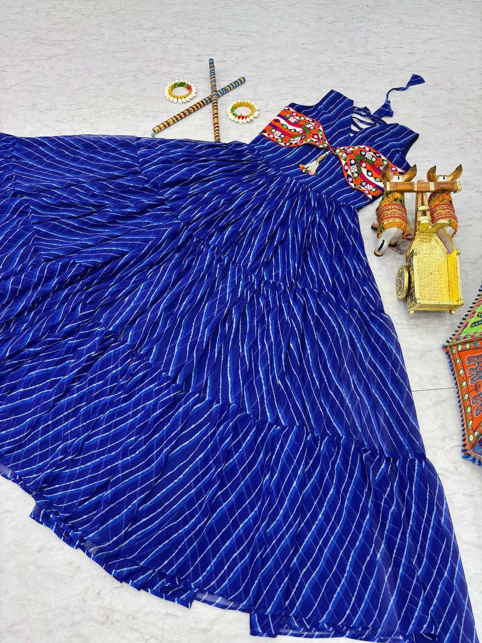 Polka Dot Flared Dress With Embroidered Kutchi Yoke.