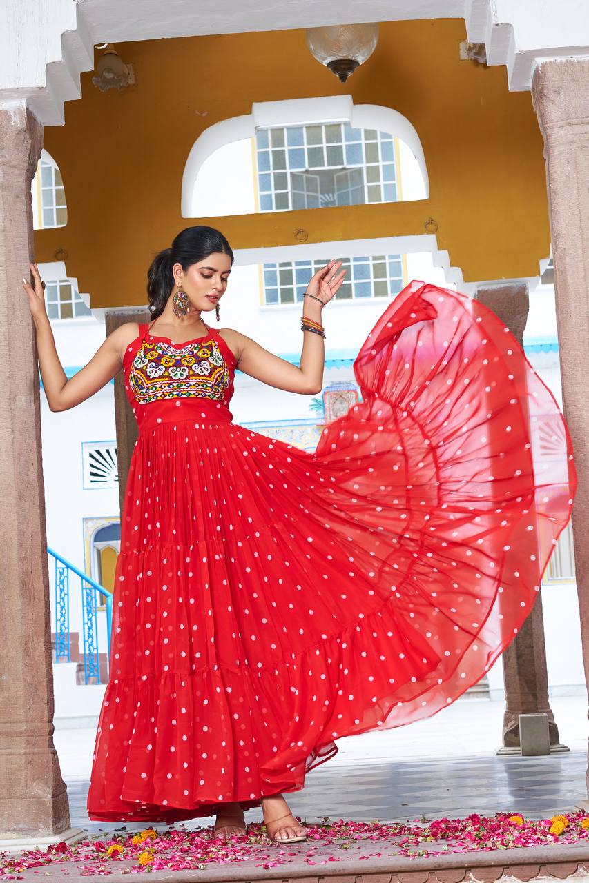 Polka Dot Flared Dress With Embroidered Kutchi Yoke.