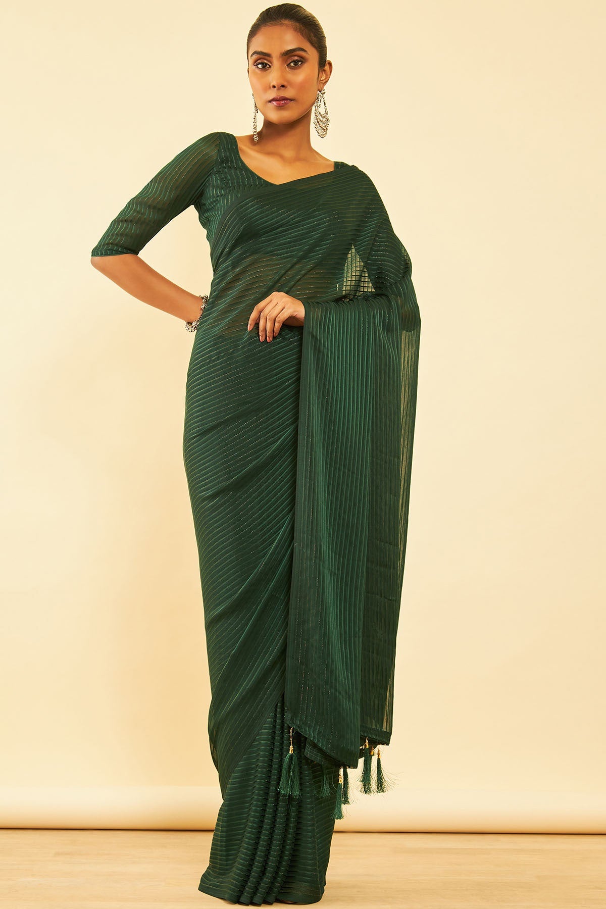 Green Chiffon Striped Saree With Tassels