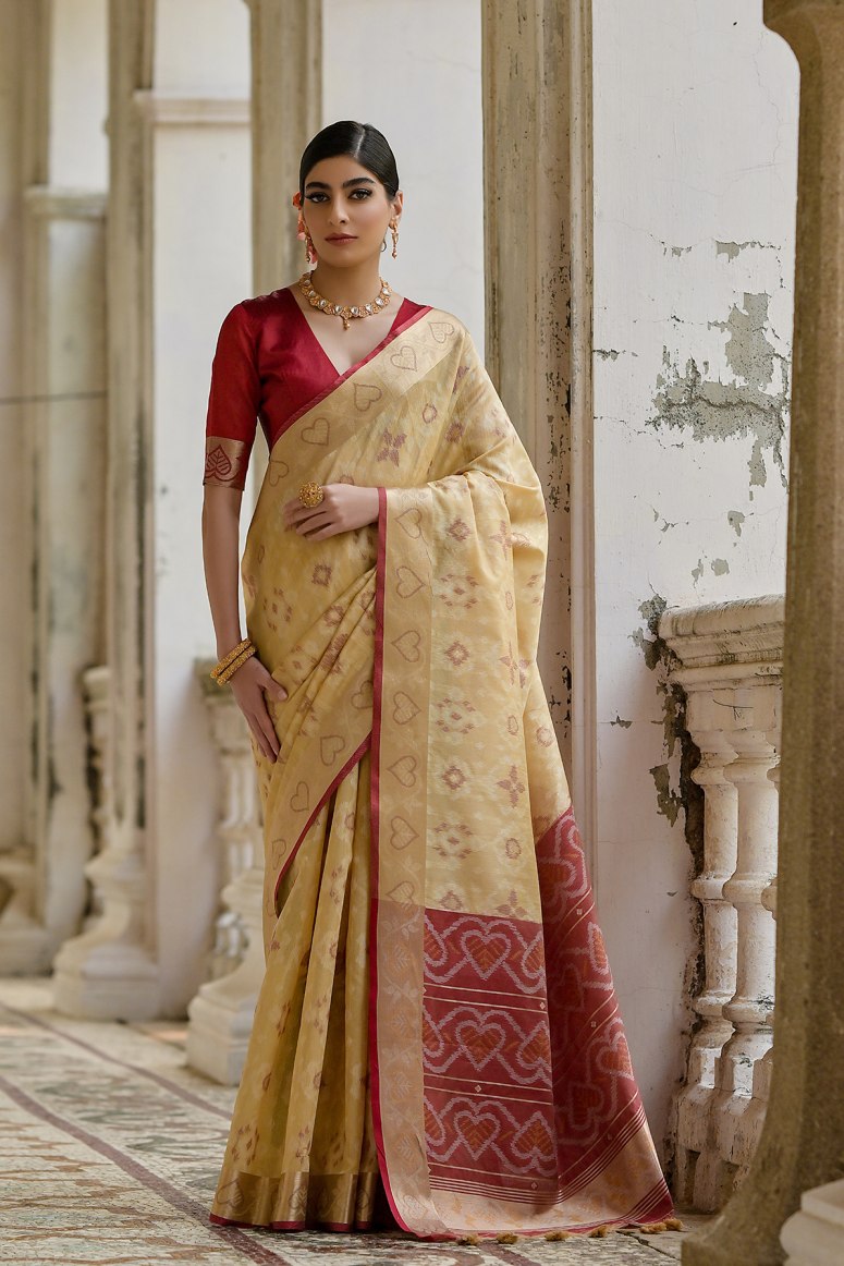 Elegant Yellow and Maroon Heart Print Saree with Contrast Blouse