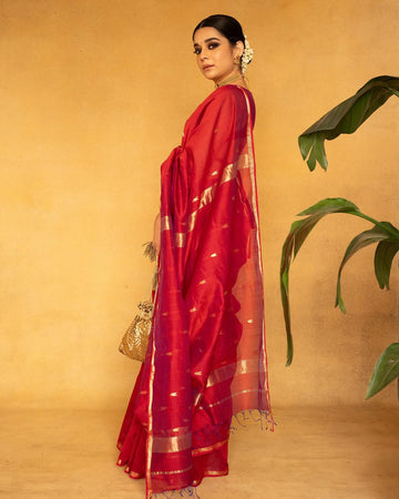Red Cotton Silk Saree With Assemblage Blouse Piece