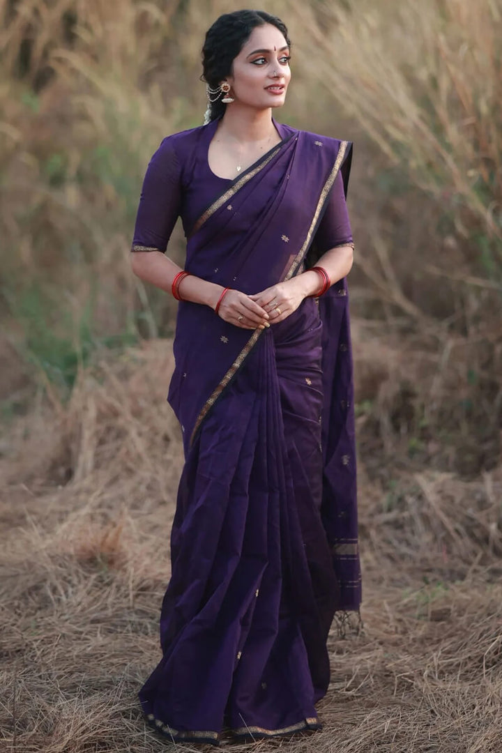 Elegant Deep Purple Soft Silk Saree with Subtle Golden Zari Butti Weaving