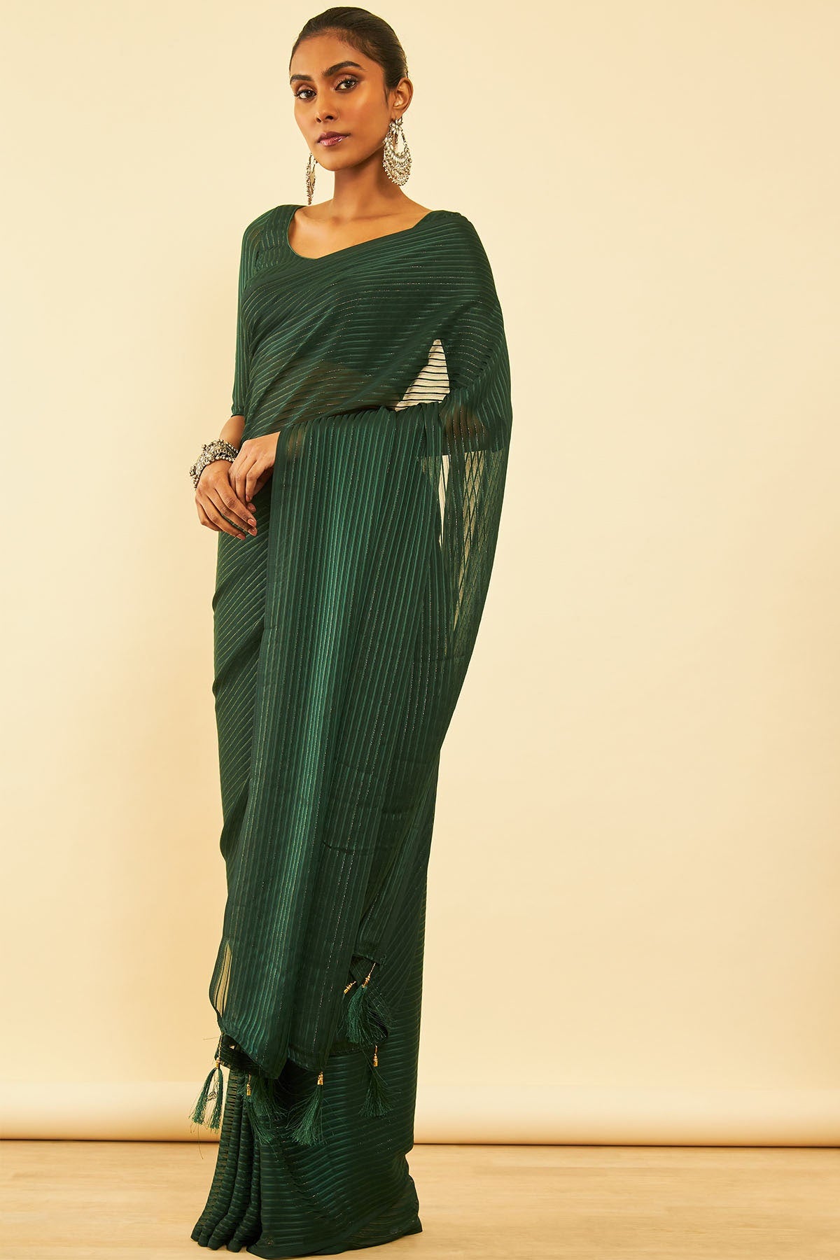 Green Chiffon Striped Saree With Tassels