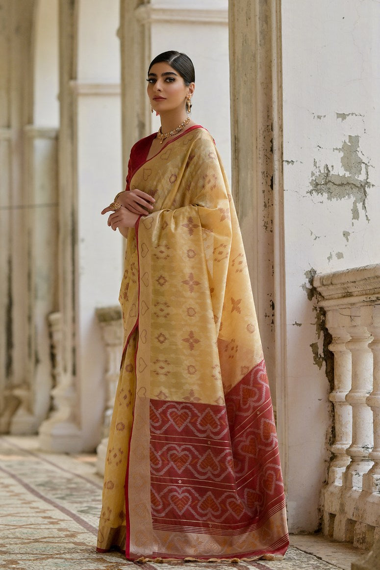 Elegant Yellow and Maroon Heart Print Saree with Contrast Blouse