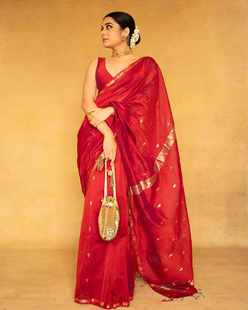 Red Cotton Silk Saree With Assemblage Blouse Piece