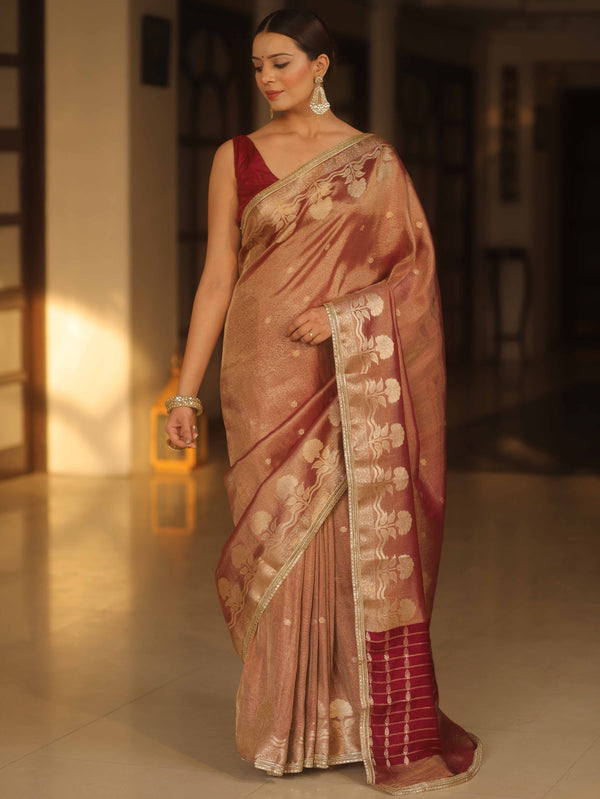 Banarasee Handwoven Soft Tissue Saree With Zari Border & Lace-Maroon