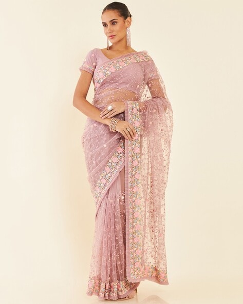 Elegant Pink Floral Embroidered Net Saree with Blouse