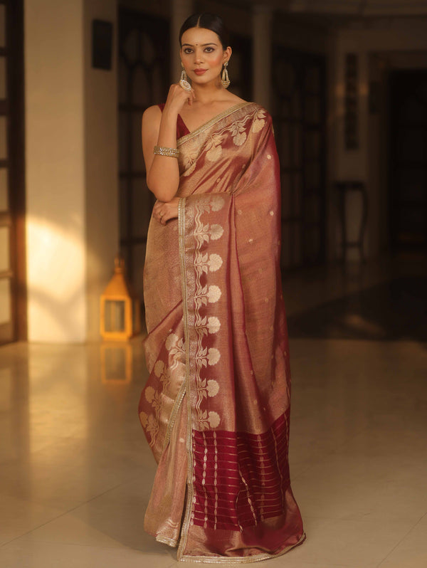 Banarasee Handwoven Soft Tissue Saree With Zari Border & Lace-Maroon