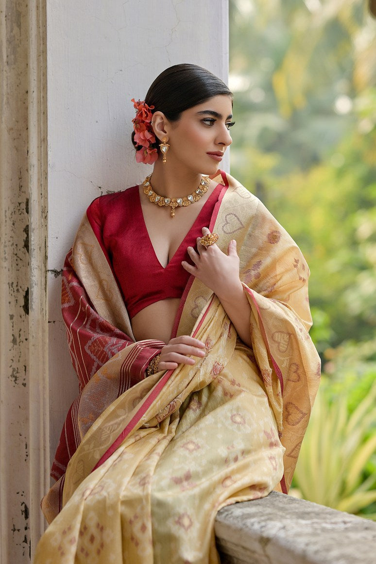 Elegant Yellow and Maroon Heart Print Saree with Contrast Blouse