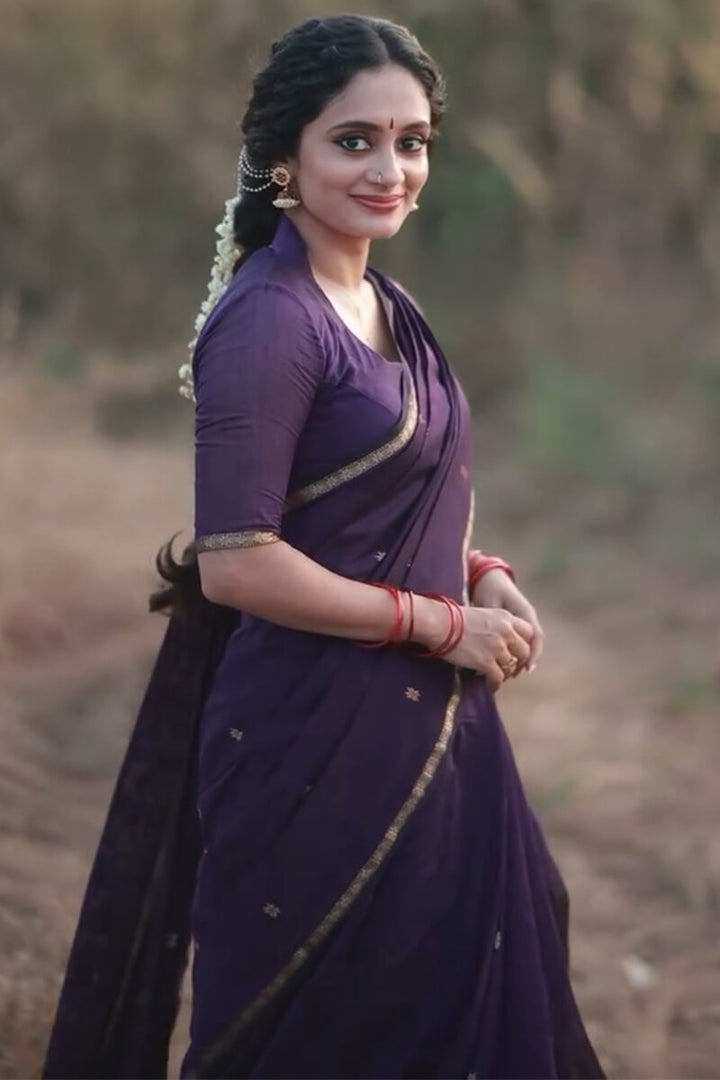 Elegant Deep Purple Soft Silk Saree with Subtle Golden Zari Butti Weaving