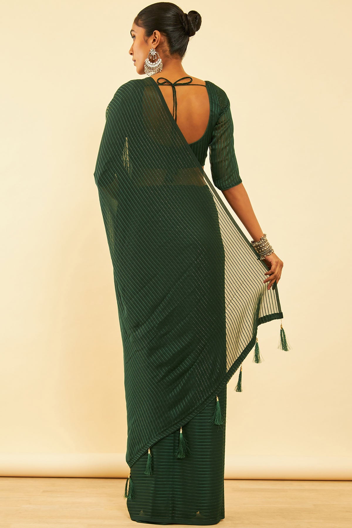 Green Chiffon Striped Saree With Tassels