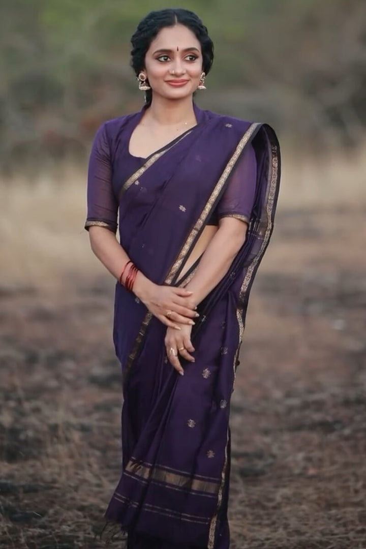 Elegant Deep Purple Soft Silk Saree with Subtle Golden Zari Butti Weaving