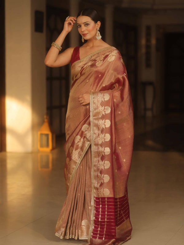 Banarasee Handwoven Soft Tissue Saree With Zari Border & Lace-Maroon