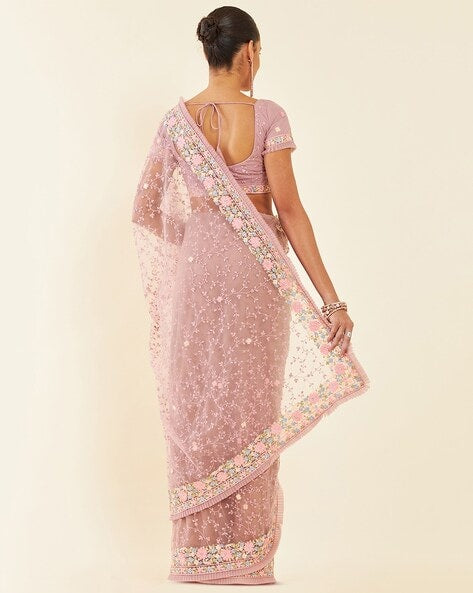 Elegant Pink Floral Embroidered Net Saree with Blouse