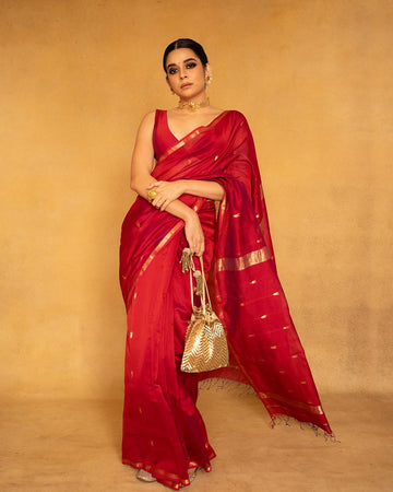 Red Cotton Silk Saree With Assemblage Blouse Piece