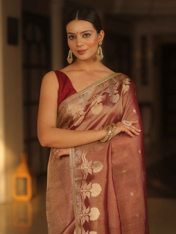 Banarasee Handwoven Soft Tissue Saree With Zari Border & Lace-Maroon