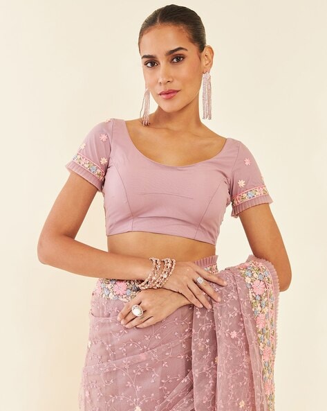 Elegant Pink Floral Embroidered Net Saree with Blouse