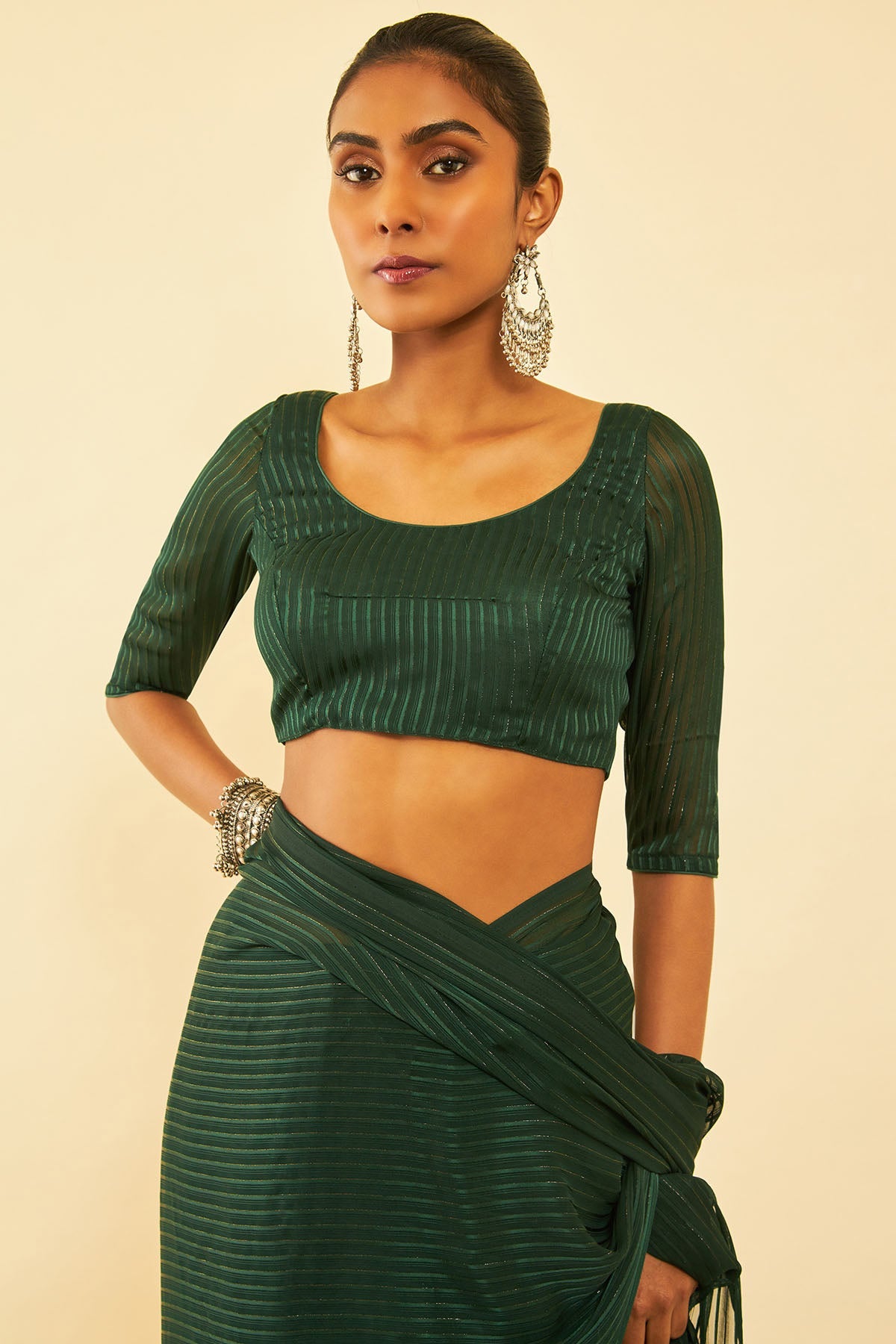 Green Chiffon Striped Saree With Tassels