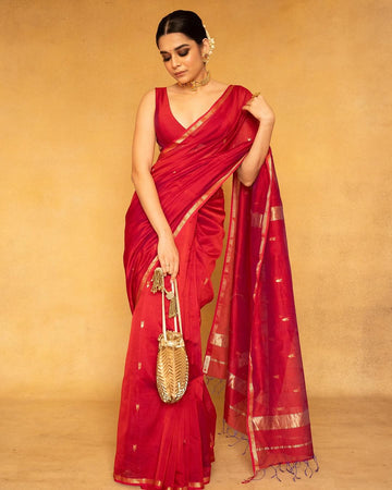 Red Cotton Silk Saree With Assemblage Blouse Piece