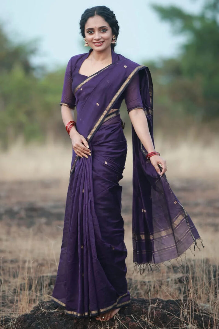 Elegant Deep Purple Soft Silk Saree with Subtle Golden Zari Butti Weaving