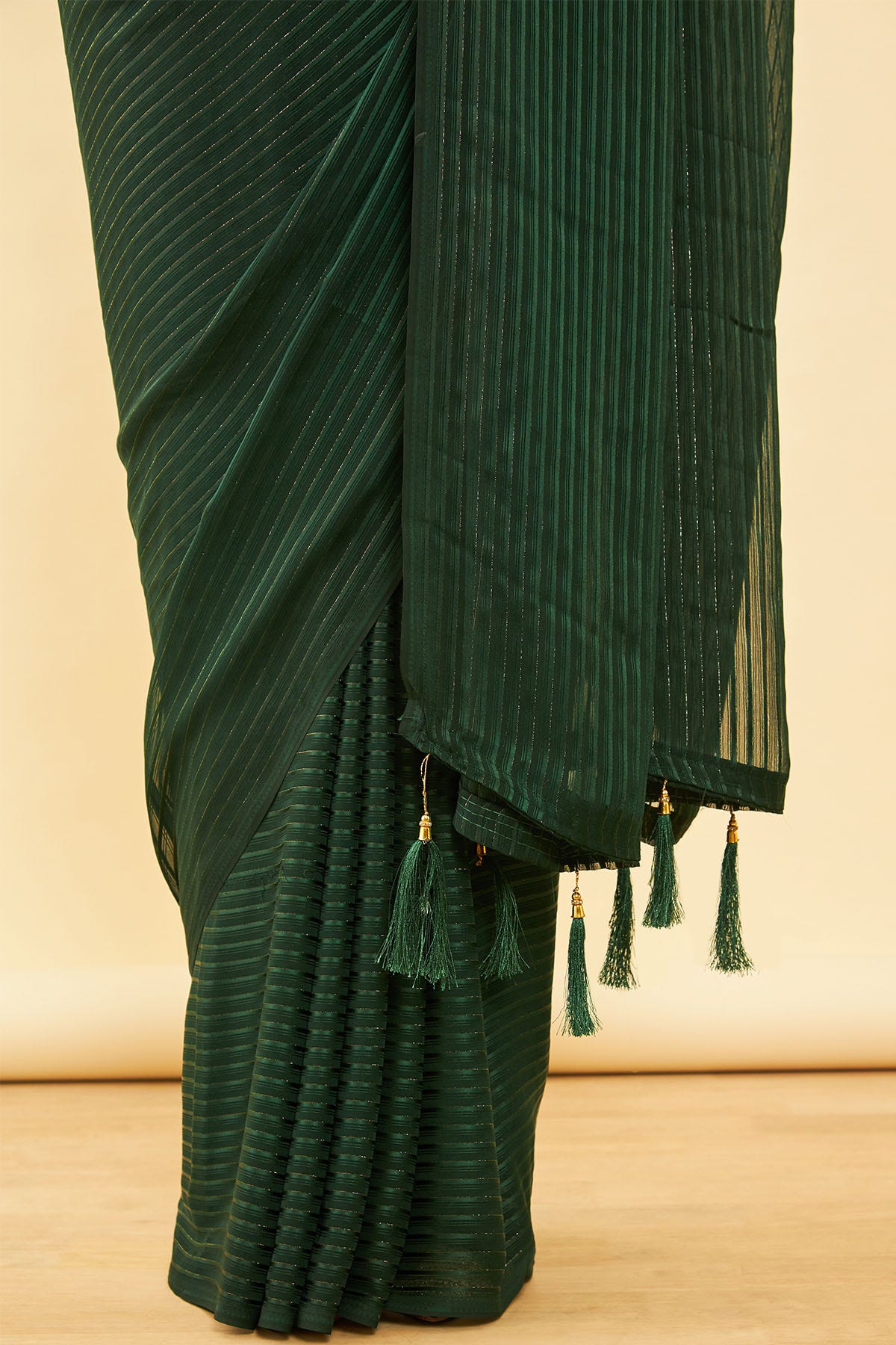 Green Chiffon Striped Saree With Tassels